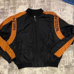 1990’s Harley-Davidson Men's Black and Orange Bomber Jacket